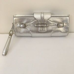 Jimmy Choo Silver Leather Zip Wristlet Clutch